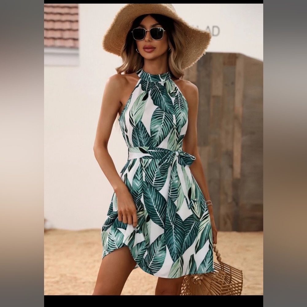 G  SHEIN VCAY Tropical Print Halter Neck Belted Dress